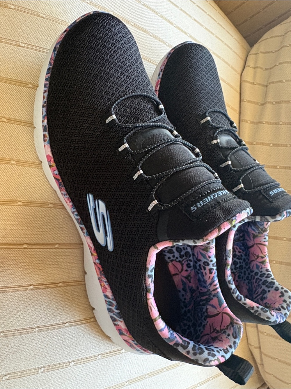 Skechers Black Slip-On Memory Foam Athletic Sneakers with Pink Floral Trim - Picture 6 of 6